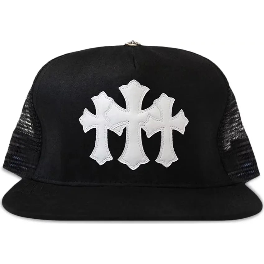 Chrome Hearts Leather Cemetery Cross Patch Trucker Hat Black